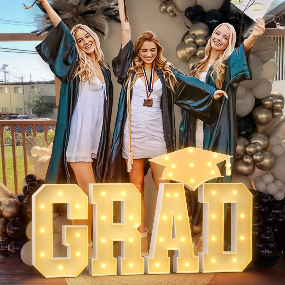 Graduation Decorations 2024 Prom Decoration Class of 2024 GRAD with Cap Large Marquee Light Up Letter Sign for Preschool High School College Party Leavers 2024 Banner Balloons Backdrop Pre-cut Foam