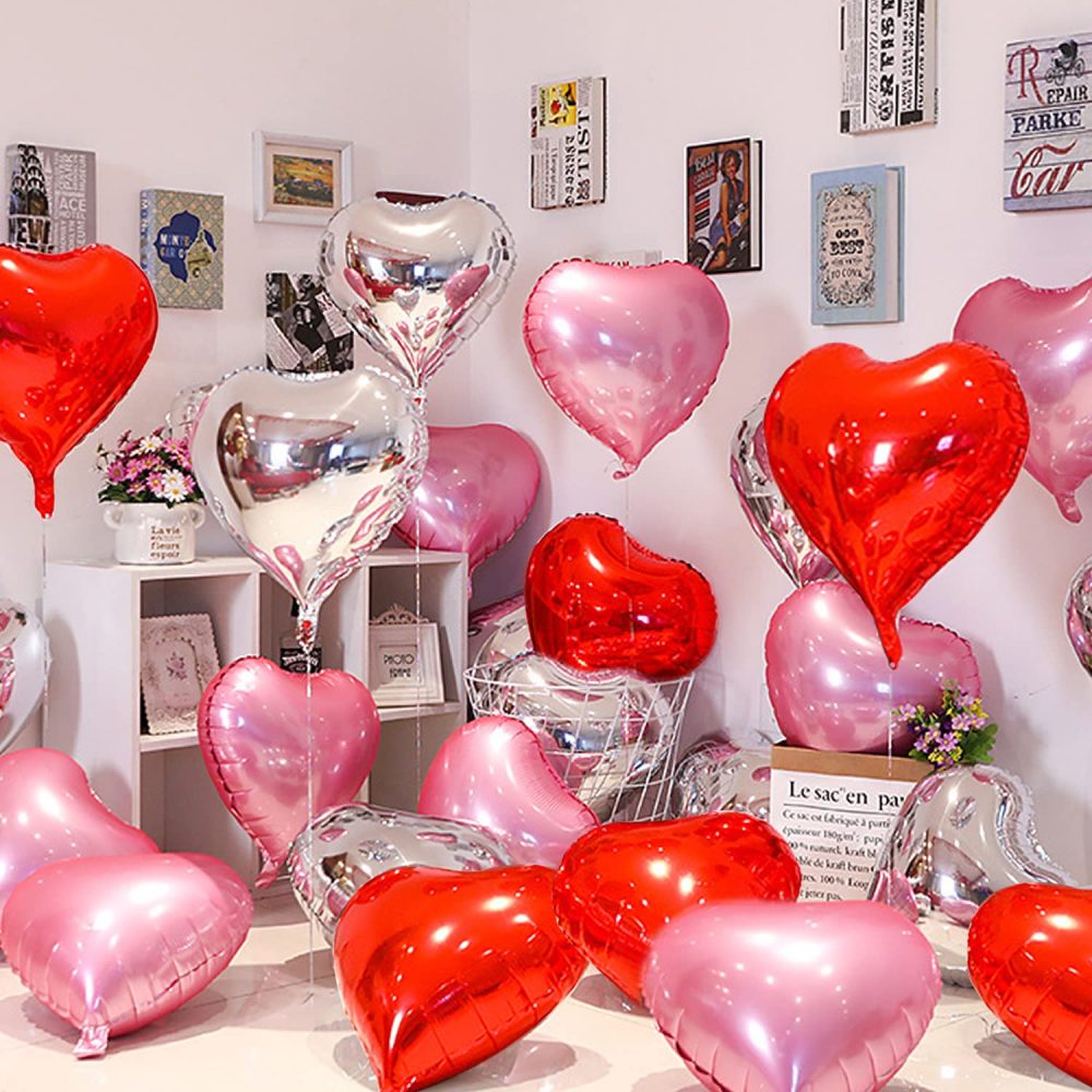 20PCS 46CM Heart Balloons Heart Foil Balloons Mylar Heart Balloons Metallic Aluminum Balloons Romantic Party Decor Balloons for Valentines Day Birthday Wedding Bridal Decor (red pink silver)