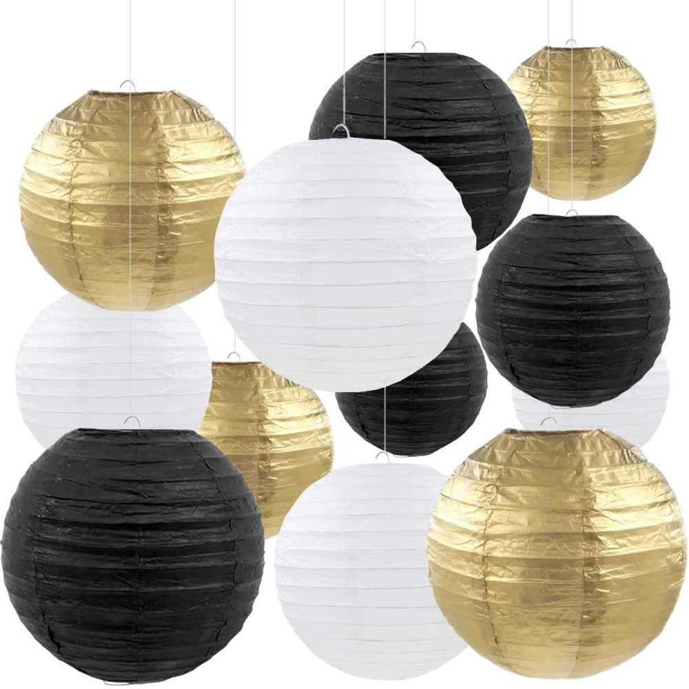 12pcs Black Gold White Paper Lanterns,Round Hanging Paper Lampshade,Birthday,Baby Shower,Wedding,Party,Ceiling Decoration（4" 6" 8" 10" ）