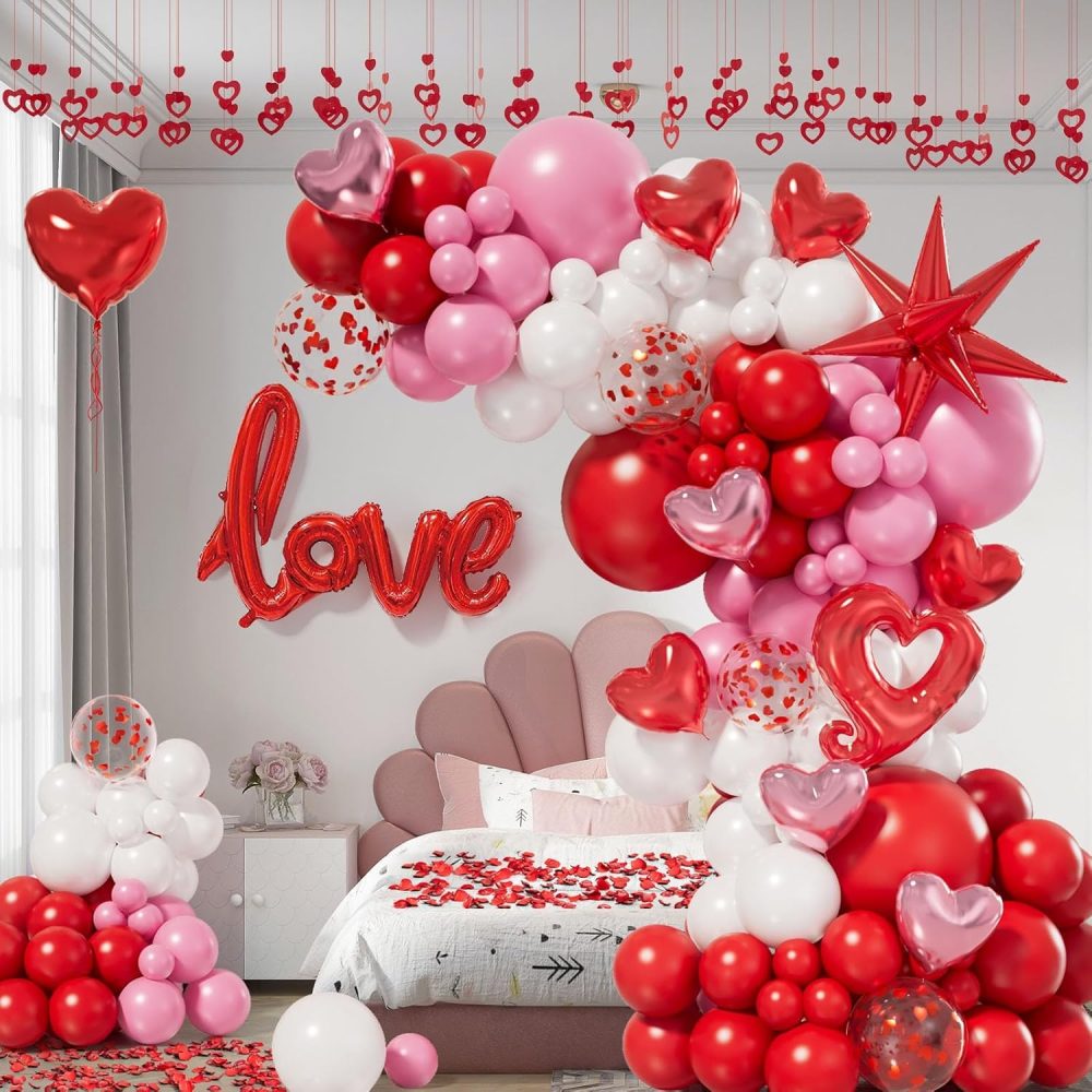 156pcs Valentines Day Balloon Garland Arch Kit with Pink White Red Confetti Heart Balloons Love Foil Balloons Explosion Star Balloons Rose Petals for Anniversary Wedding Romantic Decorations Supplies - Image 5