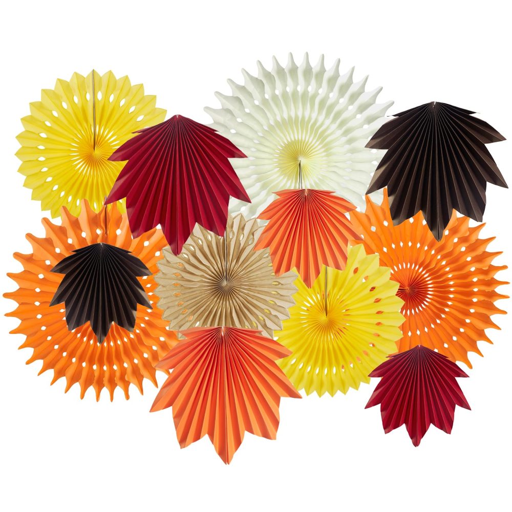 SUNBEAUTY 12 Pcs Orange Hanging Maple Paper Leaves Fans for Fall Party Decorations Hanging Leaf Fall Paper Fans for Autumn Thanksgiving Woodland Birthday Baby Shower Rustic Wedding Party Decorations