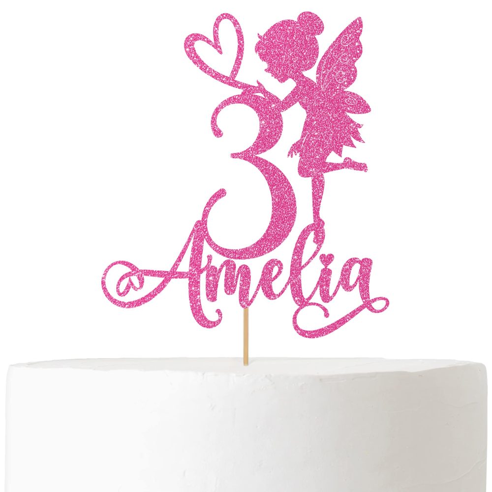 Personalised Birthday Glitter Cake Topper by Cakeshop | Custom Colour Any Name & Any Age Fairy Cake Decoration for 1st 2nd 3rd 4th 5th 6th 7th 8th 9th 10th 16th 18th | Baby Pink - Image 2