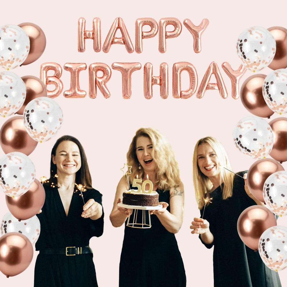 Happy Birthday Balloons, Rose Gold Happy Birthday Balloons Banner for Women Girls, Birthday Banner Foil Balloons Self Inflating with Latex Balloons Confetti Balloons for Happy Birtyday Decorations. - Image 3