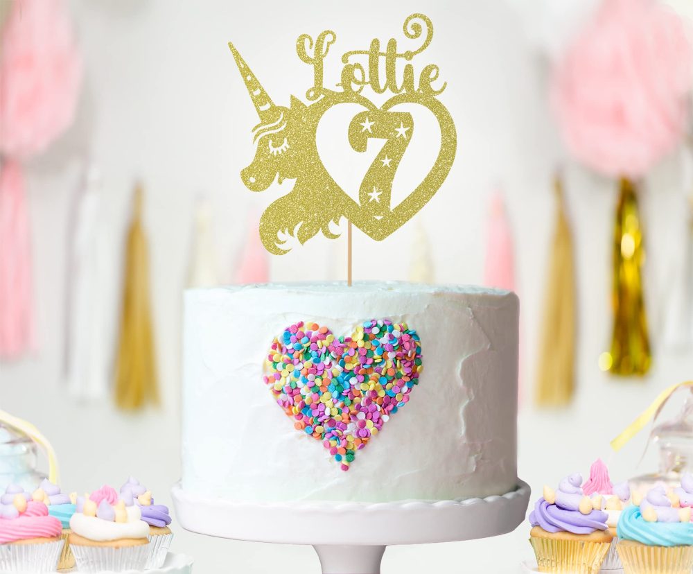 Personalised Birthday Glitter Cake Topper by Cakeshop | Custom Colour Any Name & Any Age Unicorn Heart Cake Decoration for 1st 2nd 3rd 4th 5th 6th 7th 8th 9th 10th 16th 18th | Baby Pink - Image 3