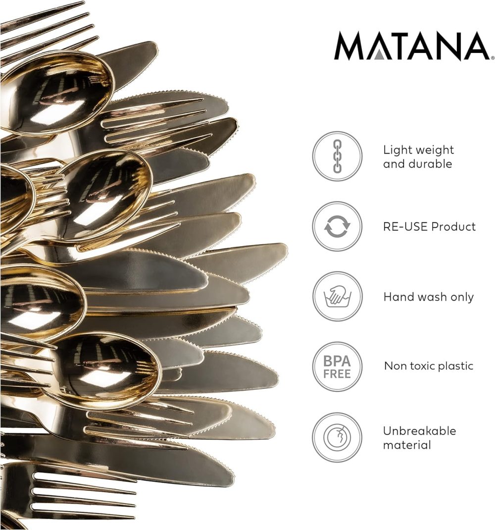 MATANA - 180 Elegant Gold Plastic Cutlery Set - 60 Knives, 60 Forks, 60 Spoons - Hand Washable, Reusable & Heavy Duty Tableware for Weddings, Birthday, Parties & Events - Image 2