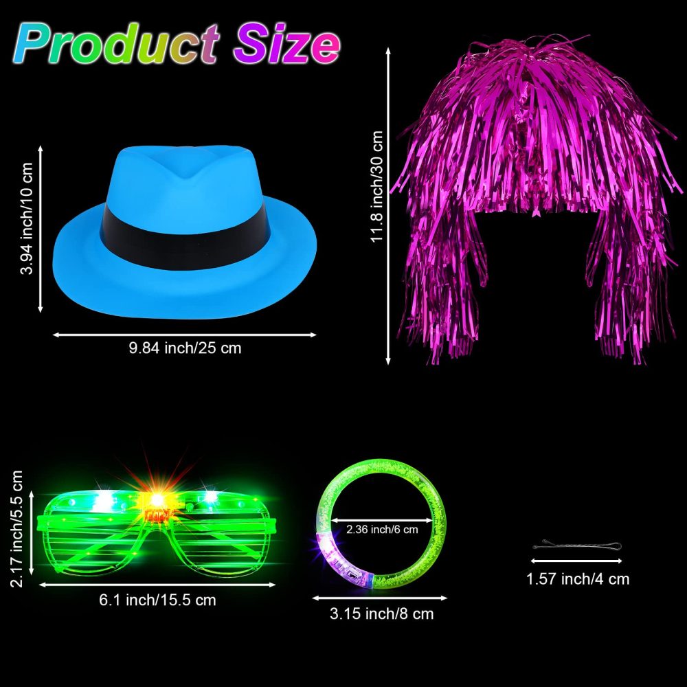 Aodaer 94 Pieces Neon Party Supplies kit Includes 6 Plastic Fedora Hats 6 Colorful Wigs 6 Flashing Light up Glasses 12 Glow Bracelets 44 Photo Booth Props 20 Hairpins for Glow Birthday Party Favors - Image 6