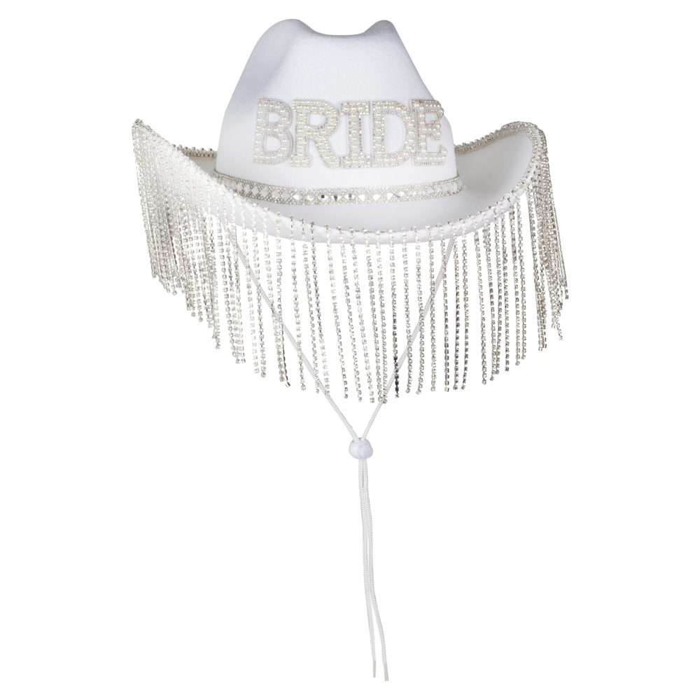 Ginger Ray Embellished Faux Pearl 'Bride' White Cowboy Hat with Tasselled Rim Hen Party Wearable - Image 3