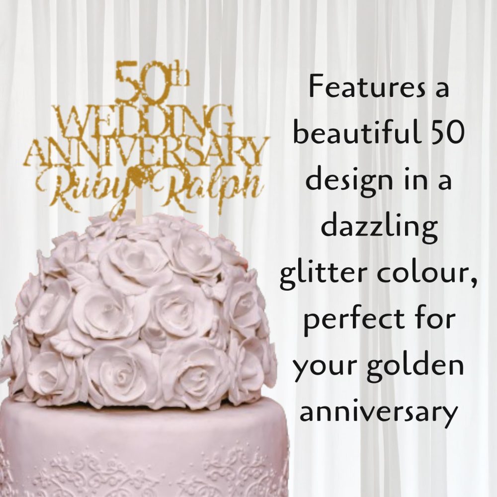 Custom Wedding Anniversary with Both Names. 50th Wedding Anniversary Golden Wedding Anniversary Any years any Names Personalised Cake Topper Glitter Card (GLITTER GOLD) - Image 3