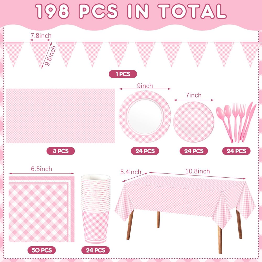 Preboun 198 Pcs Gingham Party Supplies for 24 Guests Checkered Plaid Tablecloth Pennant Banner Plate Cup Napkin and Cutlery for Picnic BBQ Birthday Halloween Christmas Party (Light Pink, White) - Image 6