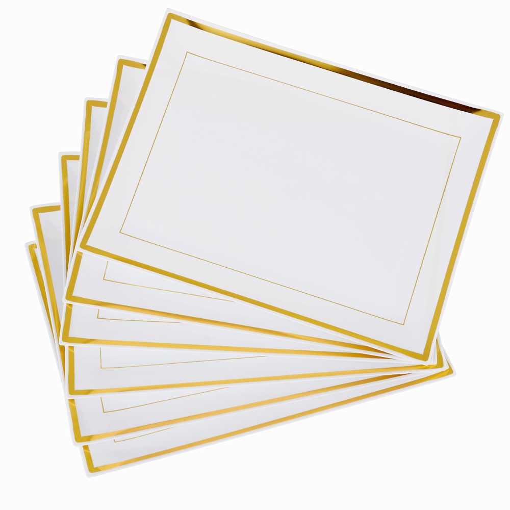 MATANA 6 White Plastic Serving Platters with Gold Border, Food Party Trays - 30x23cm - Buffets, Weddings, Birthdays, Parties - Elegant, Sturdy & Reusable