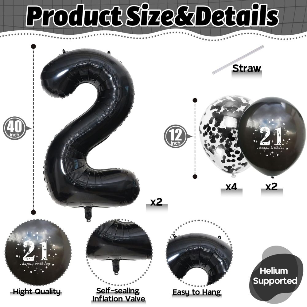 21st Birthday Balloons Black, 21st Birthday Decorations for Him with Large Number 21 Foil Balloon Birthday Print Confetti Balloons Metallic Black Latex Balloons for Her Girls Boys Bday Decor Supplies - Image 8