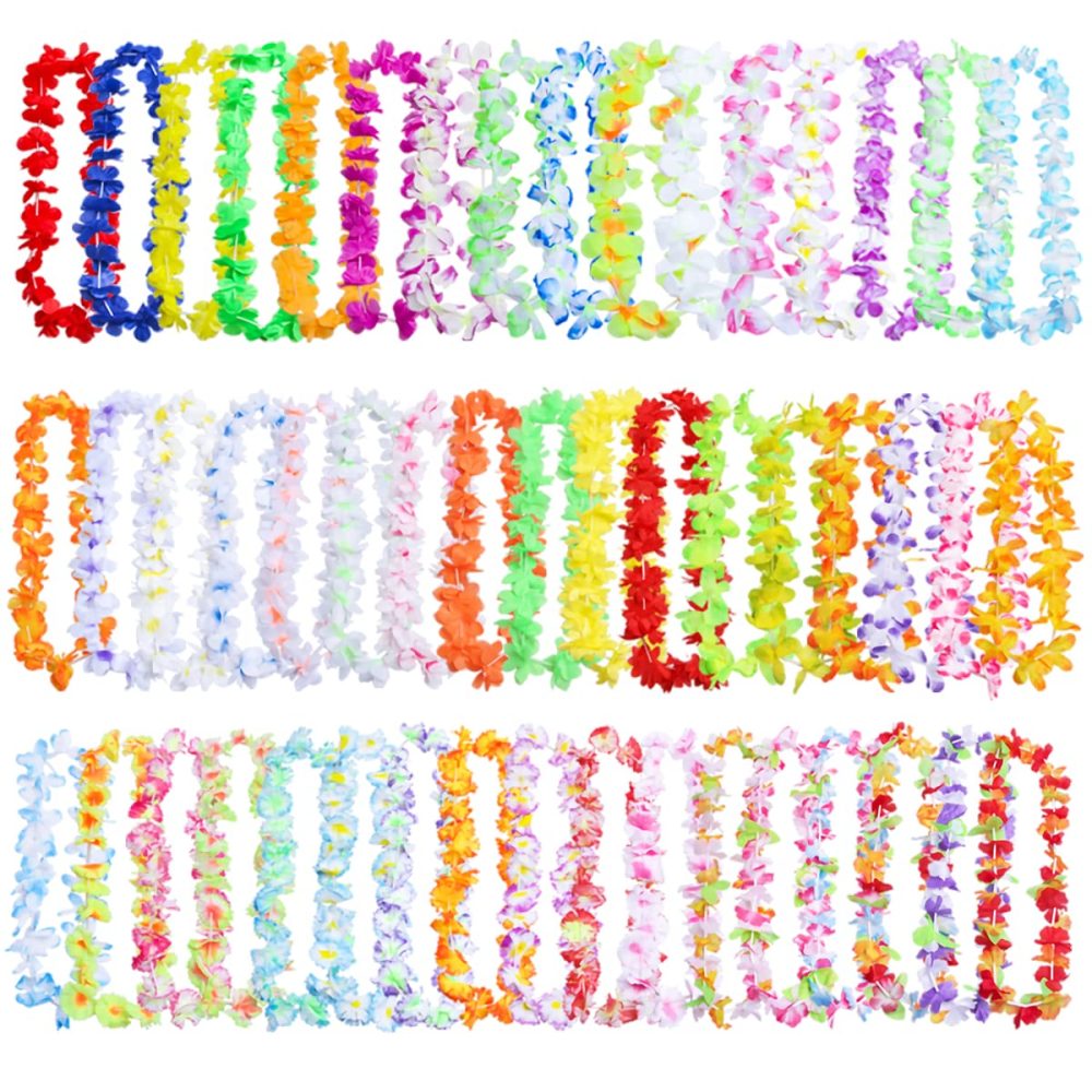 50 Pieces Hawaiian Leis Party Decorations, 50 Styles Hawaiian Leis Bulk Hawaiian Flower Necklace for Tropical Hawaiian Party Theme Beach Party Supplies Hawaiian Night Bar Luau Aloha Beach Vacation