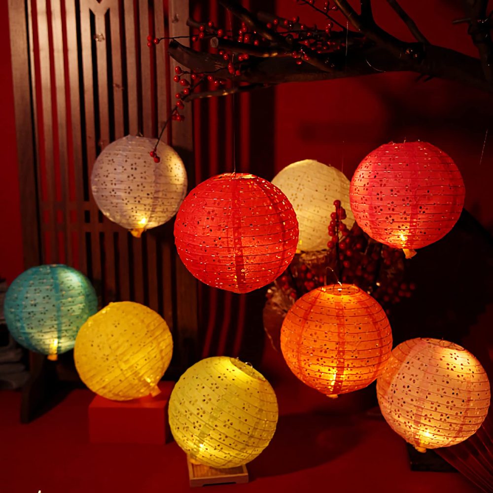 Qlisytpps Paper Lanterns with LED Lights 10 Colours Chinese Japanese Lantern Oriental Style Traditional Asian Bedroom Paper Lamp for Home Wedding Party Decoration 8 Inch (5pcs) Free 2 Spare Lights - Image 8