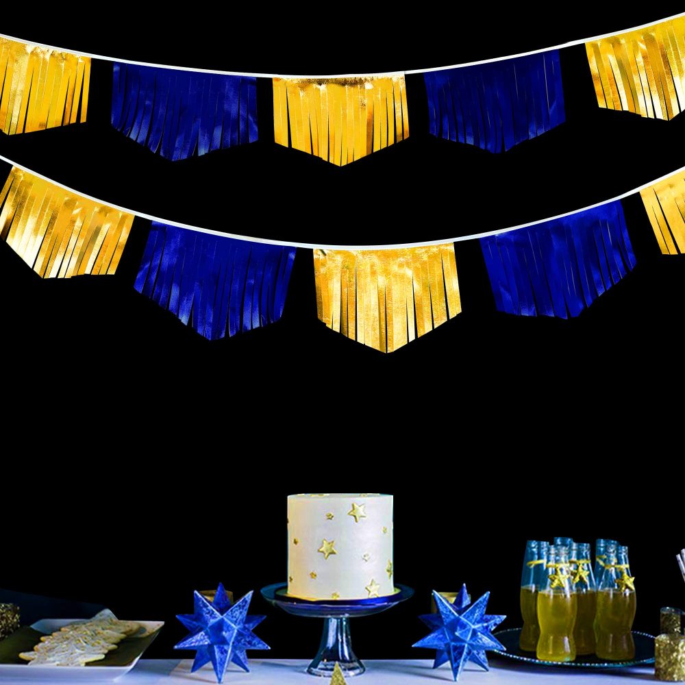 16.93Ft Royal Blue Gold Tassel Bunting Double Sided Metallic Fabric Pennant Banner for Birthday Wedding Graduation Retirement Bridal Shower Anniversary Bachelorette Nautical Ahoy Achor Party Decor - Image 5