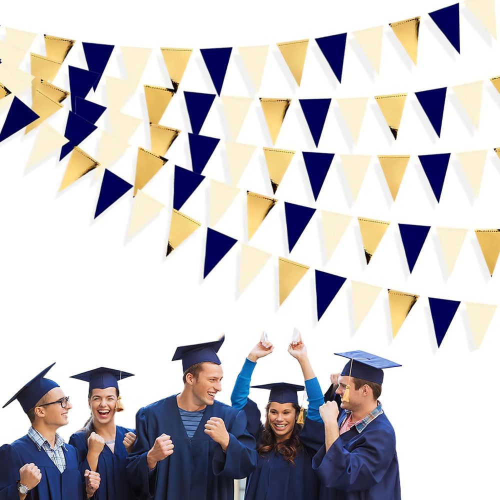 30 Ft Navy Blue Gold Party Decorations,Triangle Flag Pennant Garland Birthday Bunting Paper for Bachelorette Engagement Wedding Birthday Baby Shower Anniversary Hen Graduation Party Supplies