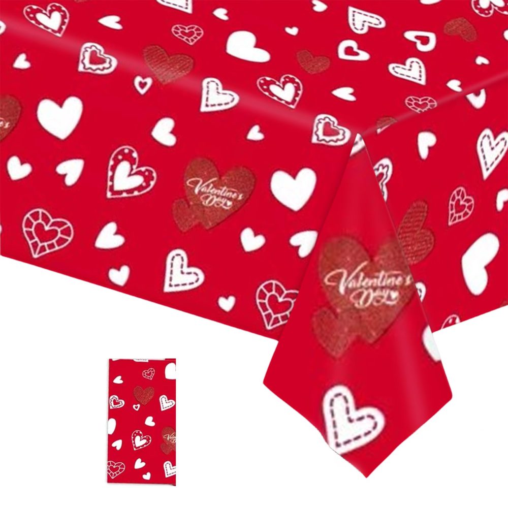 COSORO 137 * 274cm Valentines Day Tablecloths Party,Valentines Table Cloth Plastic Red Heart Rectangle Waterproof Table Cover for Valentine's Day Decorations Birthday Wedding Anniversary Party Decor