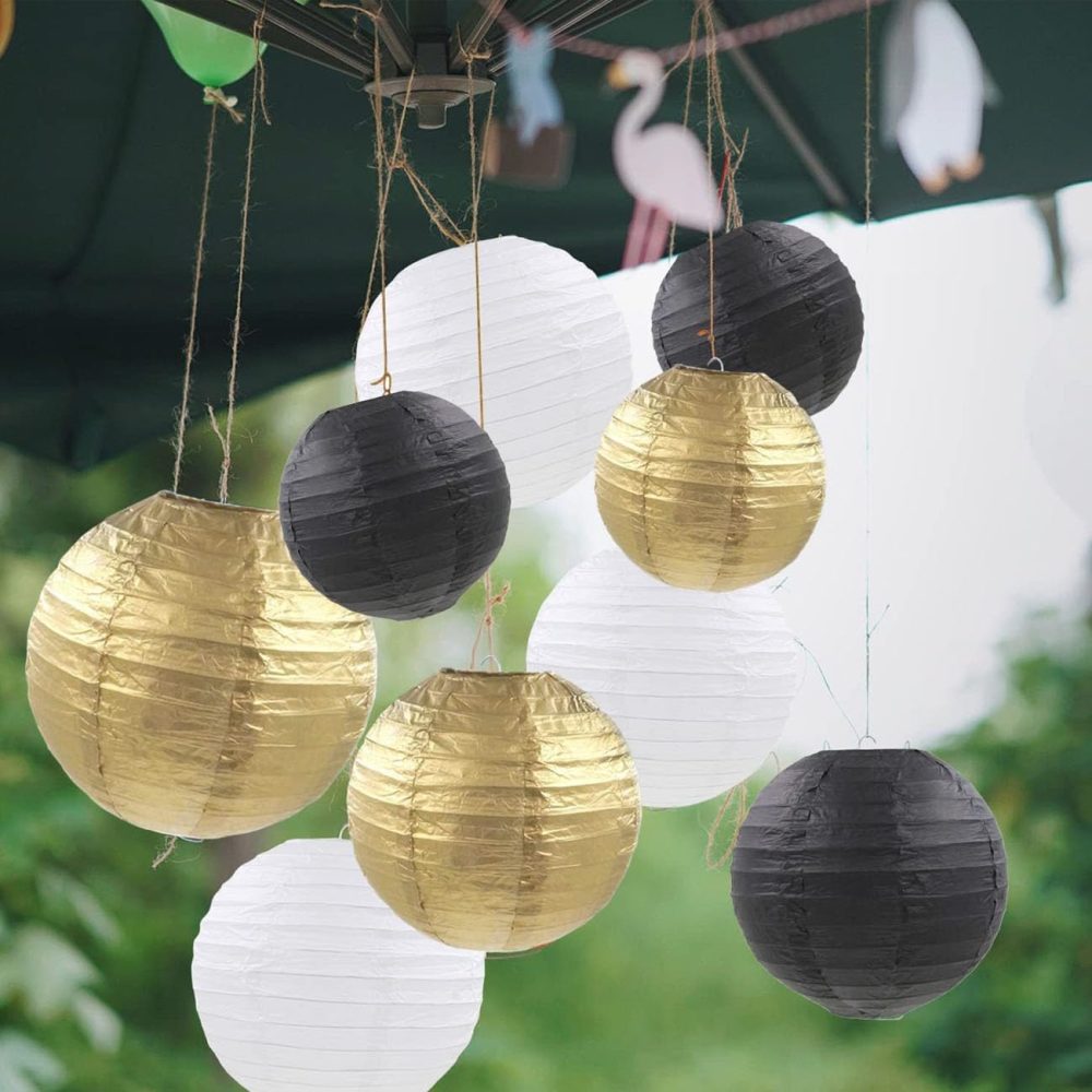 12pcs Black Gold White Paper Lanterns,Round Hanging Paper Lampshade,Birthday,Baby Shower,Wedding,Party,Ceiling Decoration（4" 6" 8" 10" ） - Image 5