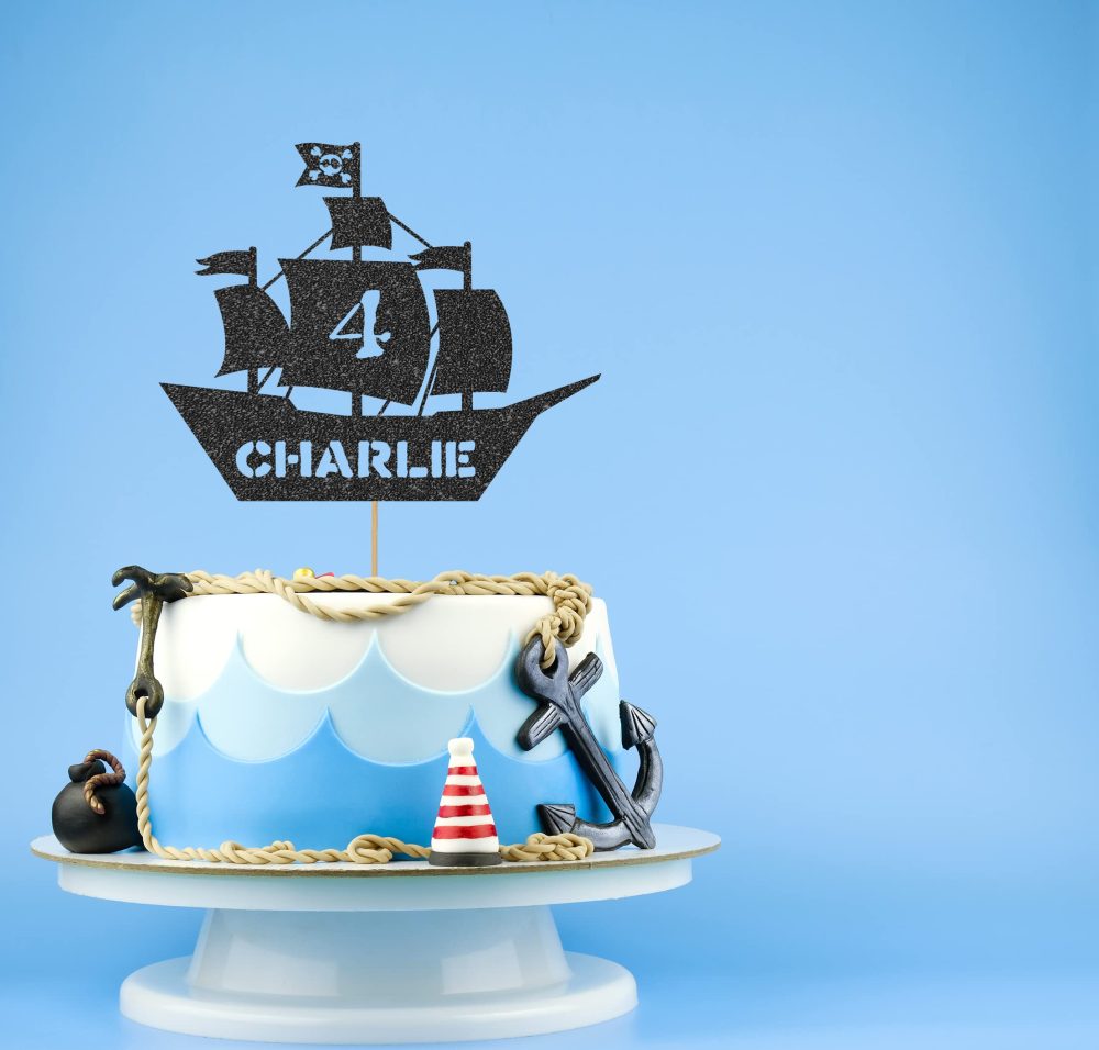 Personalised Birthday Glitter Cake Topper by Cakeshop | Custom Colour Any Name & Any Age Pirate Ship Cake Decoration for 1st 2nd 3rd 4th 5th 6th 7th 8th 9th 10th 16th 18th | Black - Image 3