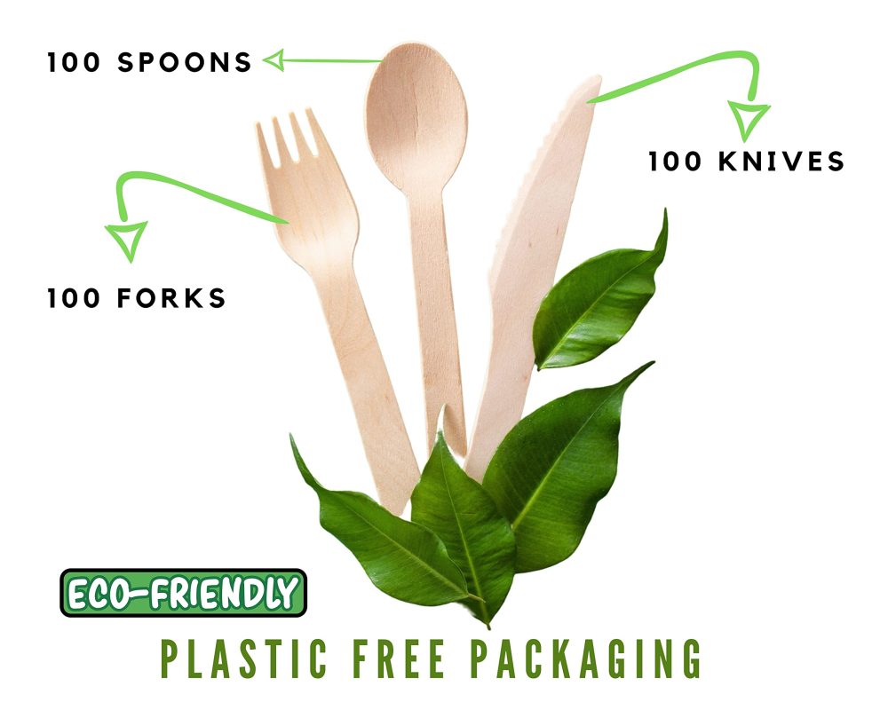 KANS 300 pcs Disposable Wooden Cutlery Set Eco Friendly 100 Forks 100 Spoons 100 Knives - Plastic Free Packaging - Biodegradable Compostable Recyclable-Ideal for Outdoor and Indoor Events and Parties - Image 7