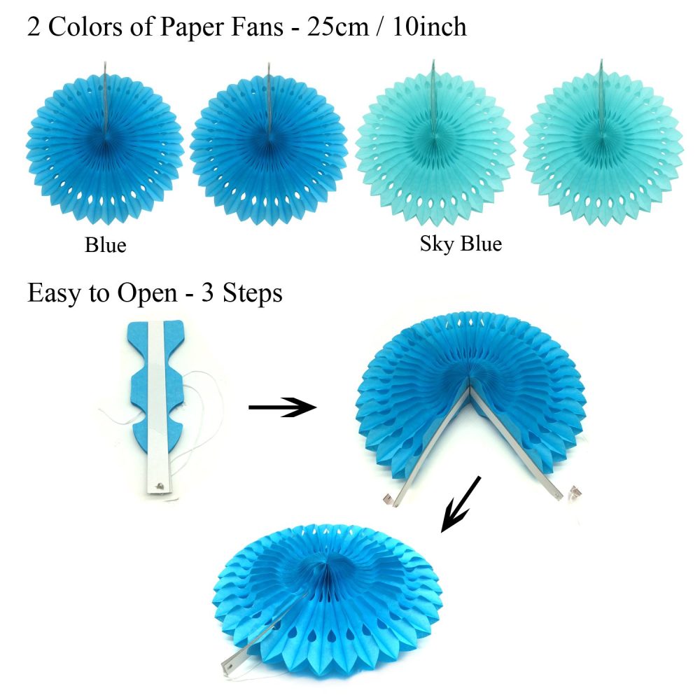 ZERODECO Party Hanging Paper Fans Set, Blue Confetti Balloons Decorative Folding Fans Paper Pompoms and Triangle Bunting Flags Garlands for Graduation Wedding Birthday Baby Shower Party Decorations - Image 6