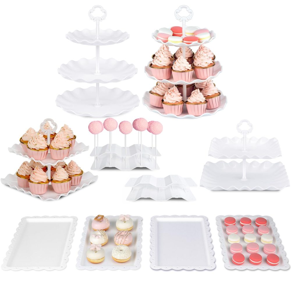 NWK Pack of 10 Reusable Cake Stand, Cupcake Stand, with 2X Large 2-Tier Cupcake Stands + 2X Large 3-Tier Cupcake Stands + 4 x Appetizer Trays +2 x Cake Pop Stands Perfect for Birthday