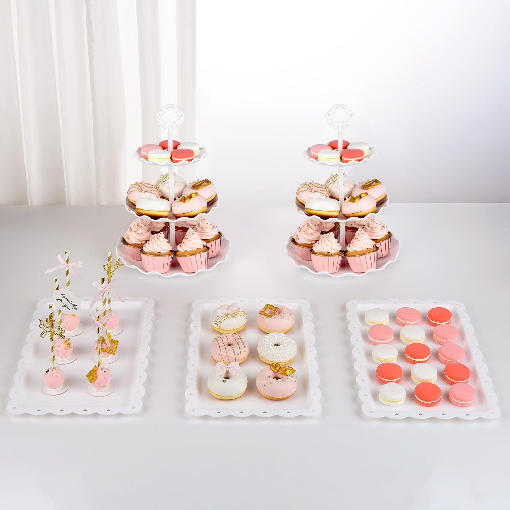 NWK 5 Piece Cake Stand Set with 2x 3-Tier Cupcake Stands + 3X Appetizer Trays Perfect for Wedding Birthday Baby Shower Thanksgiving Christmas New Year Party (Round)