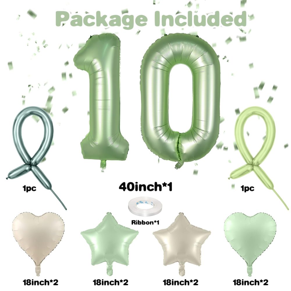 Sage Green Number 10 Balloons, Green 10 Number Balloons, 10th Number Balloons, Olive Green Cream Wihle Foil Star Heart Balloons With Long Balloons For 10th Birthday Party 1st Baby Shower Decorations - Image 7