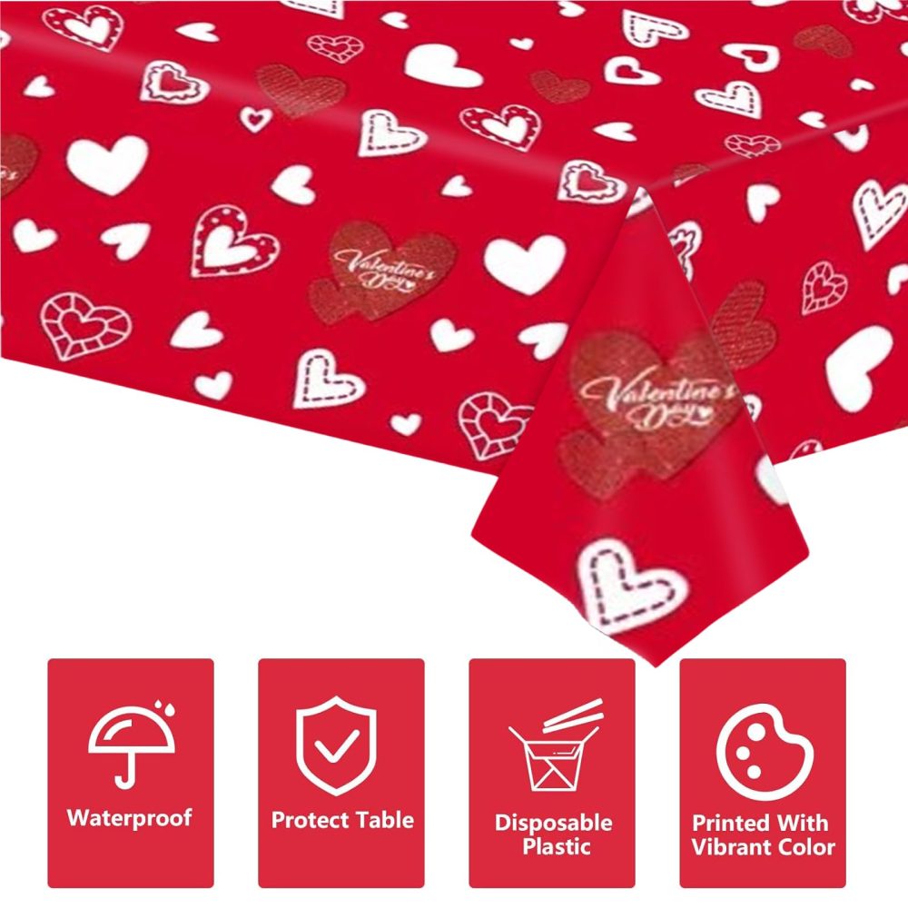 COSORO 137 * 274cm Valentines Day Tablecloths Party,Valentines Table Cloth Plastic Red Heart Rectangle Waterproof Table Cover for Valentine's Day Decorations Birthday Wedding Anniversary Party Decor - Image 6