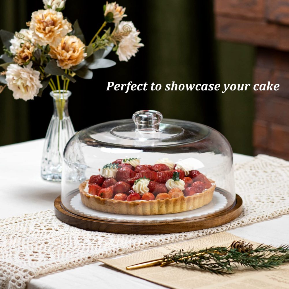 ANBOXIT Cake Stand with Dome Lid, Acacia Wood Cake Plate with Cover, Wooden Cake Display Stand with Acrylic Dome ( Flat ) - Image 6