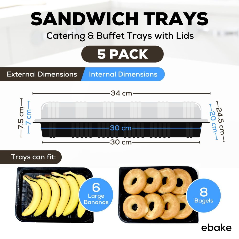 ebake Pack of 5 Sandwich Platter Trays with Lids - Reusable Plastic Buffet Trays for Catering, Sandwich Trays & Meal Prep Serving Trays for Parties, Events and Birthdays - 34 x 24 x 7.5cm - Image 7