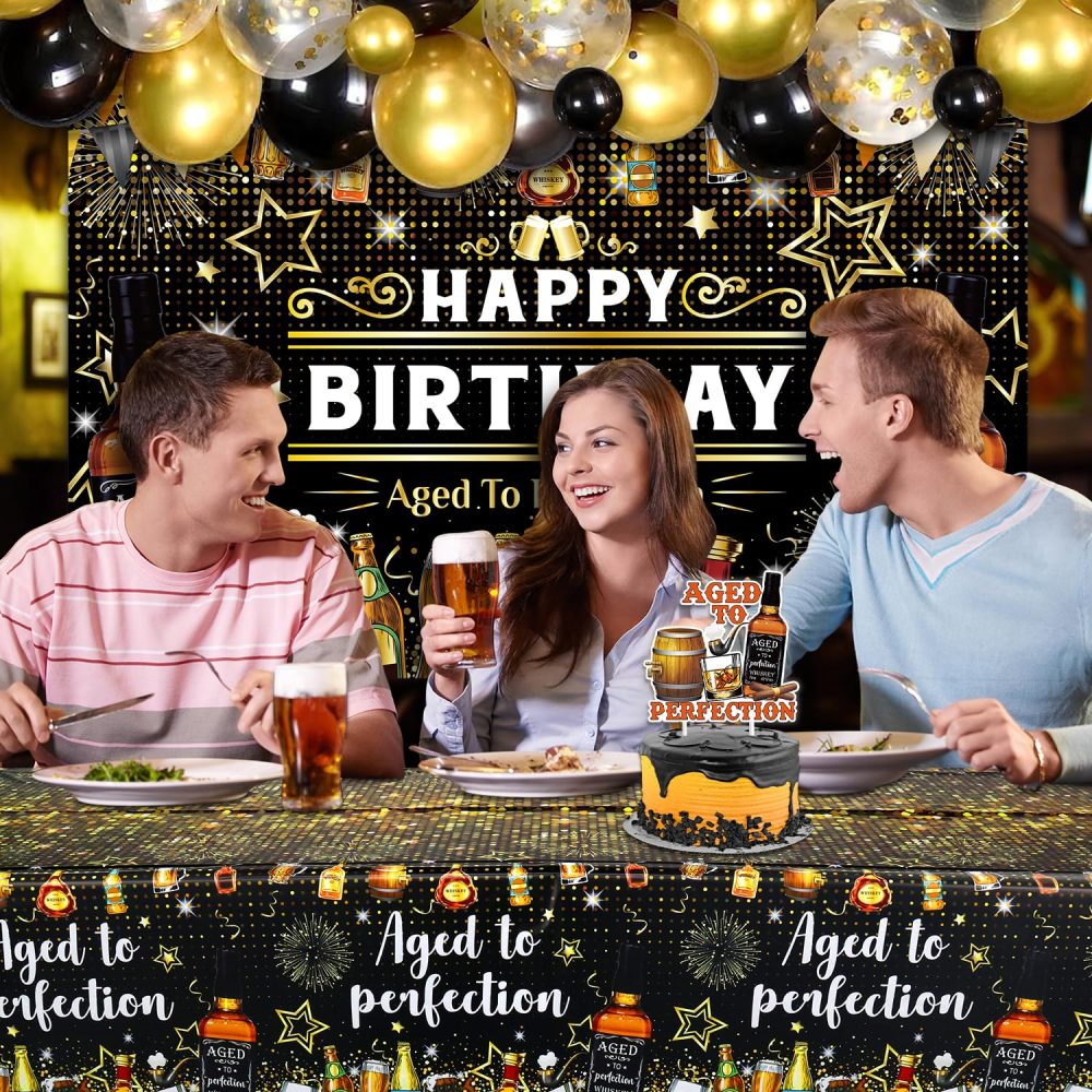 Whiskey Birthday Party Decorations - Aged to Perfection HAPPY BIRTHDAY Backdrop Black Champagne Gold Balloons Garland Wine Cake Toppers Centerpiece Tablecover Cheers and Beers Party for Man Daddy - Image 4