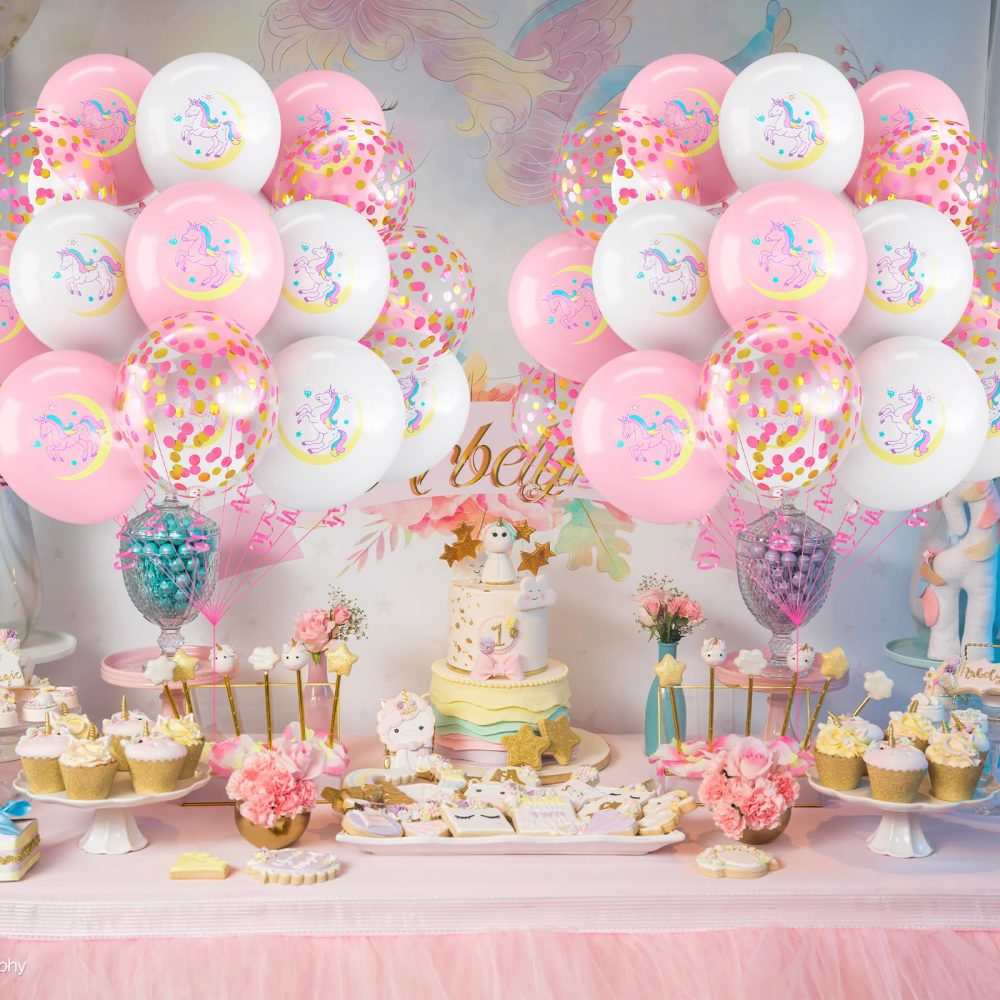 Unicorn Balloons for Girls, 12 Inch Pastel Baby Pink White Unicorn Birthday Party Balloons with Confetti Helium Latex Balloons for Princess Unicorn Birthday Baby Shower Party Decorations Supplies - Image 3