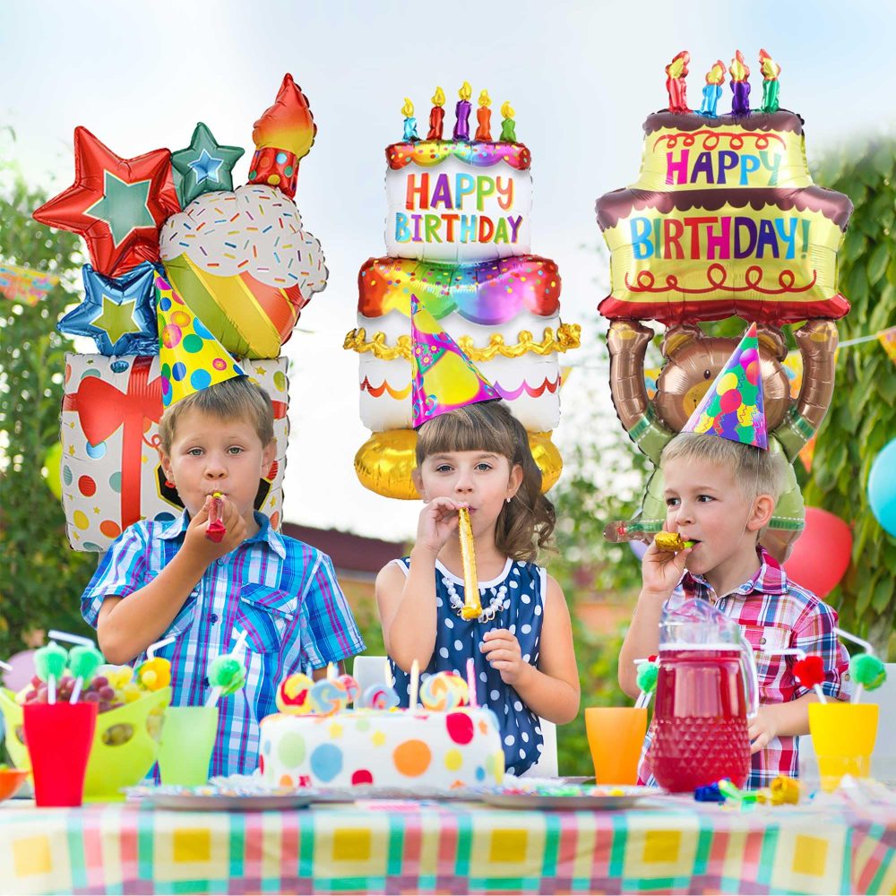 Standing Happy Birthday Balloons Decorations - 3 Pcs Freestanding Decor Printed Chrome Colorful Foil Balloons Helium for Animal Themed Girls Boys Party Supplies - Image 3