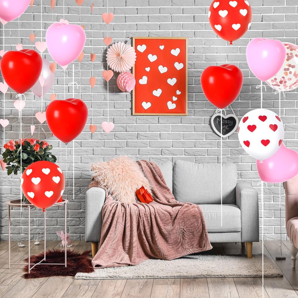 NEBURORA 60 Pieces Valentine's Day Pink and Red Heart Shaped Balloons Heart Print Balloons with Confetti Balloons Set with Ribbon for Valentine's Party Decorations Supplies - Image 4