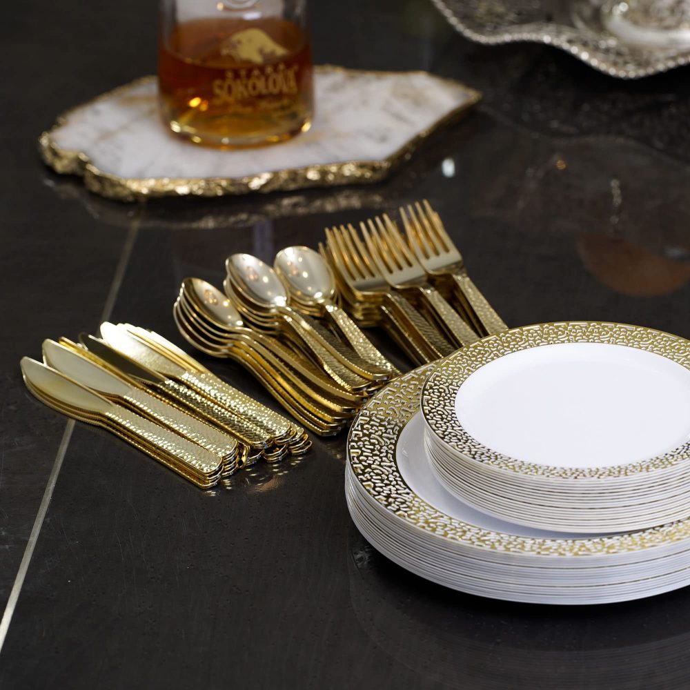 STACKABLES ~ 96 Piece Polished Gold Plastic Cutlery Set ~ Plastic Spoons Forks & Knives 32 of Each ~ Reusable Elegant Party Flatware - Image 3