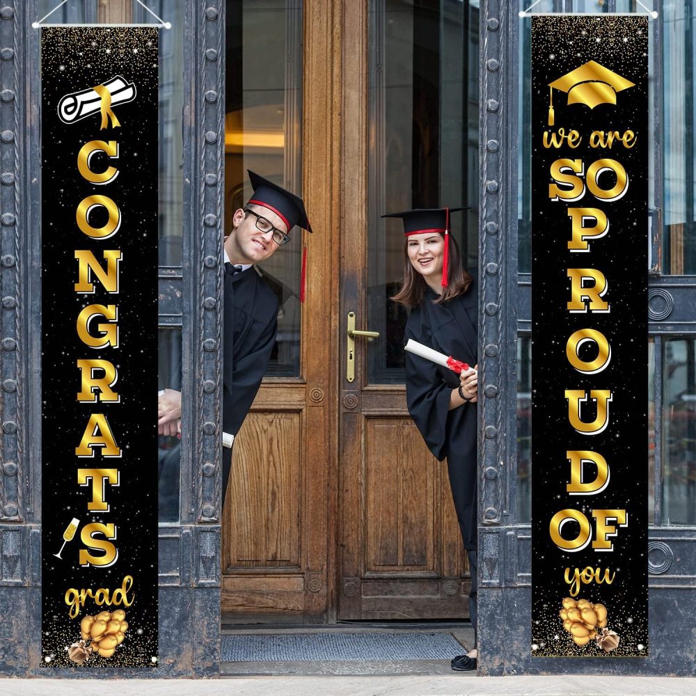 2024 Graduation Door Decorations, Graduation Porch Sign Black Gold, We Are So Proud Of You & Congrats Grad Banner 2 Pcs Graduation Decor for Indoor Outdoor Grad University High School Graduation - Image 5