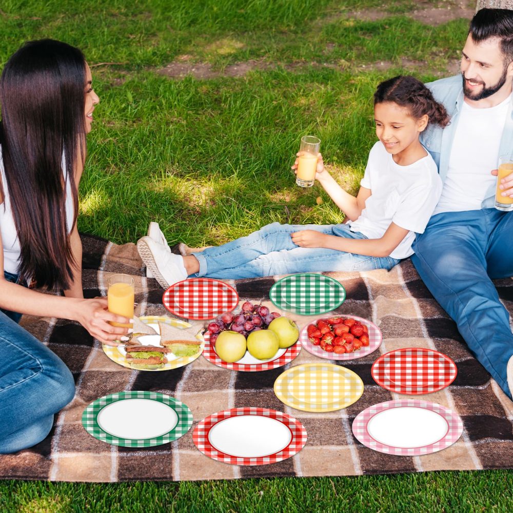 ojustbeok 48 Pcs Camp Gingham Paper Plates Gingham Checkered Bachelorette Party Supplies Glamping Birthday Dinner Plates Summer Bridal Shower Decorations Camping Themed Party Favors Baby Shower - Image 2