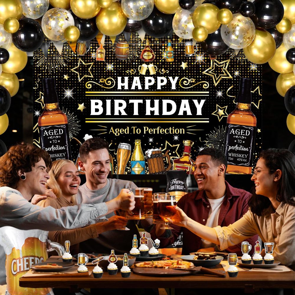 Whiskey Birthday Party Decorations - Aged to Perfection HAPPY BIRTHDAY Backdrop Black Champagne Gold Balloons Garland Wine Cake Toppers Centerpiece Tablecover Cheers and Beers Party for Man Daddy - Image 3