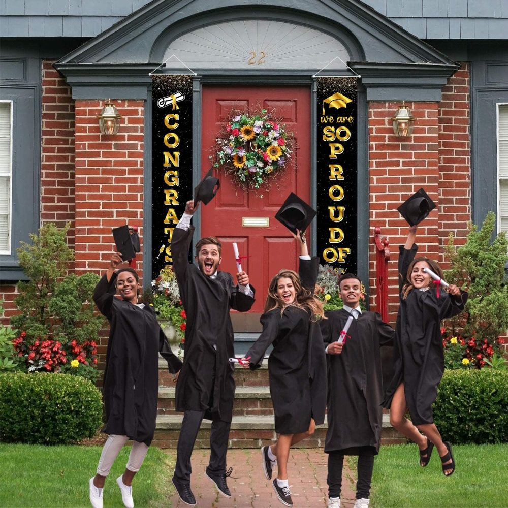 2024 Graduation Door Decorations, Graduation Porch Sign Black Gold, We Are So Proud Of You & Congrats Grad Banner 2 Pcs Graduation Decor for Indoor Outdoor Grad University High School Graduation - Image 2