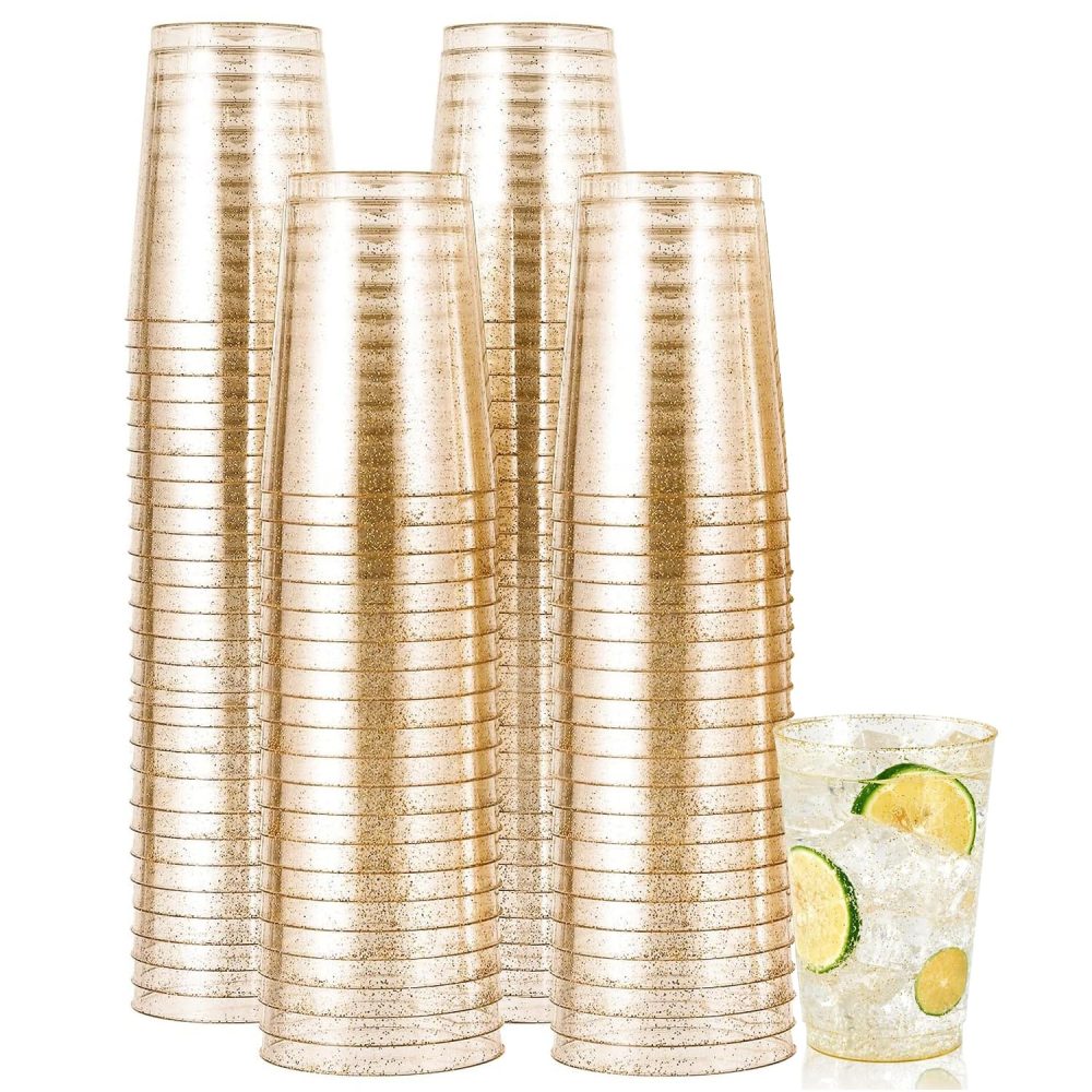 Gikisla 50pcs Gold Plastic Cups, 300ml Hard Gold Plastic Tumblers for Cocktail and Drinking, Reusable Clear Drink Cups for Fancy Wedding, Thanksgiving, Christmas