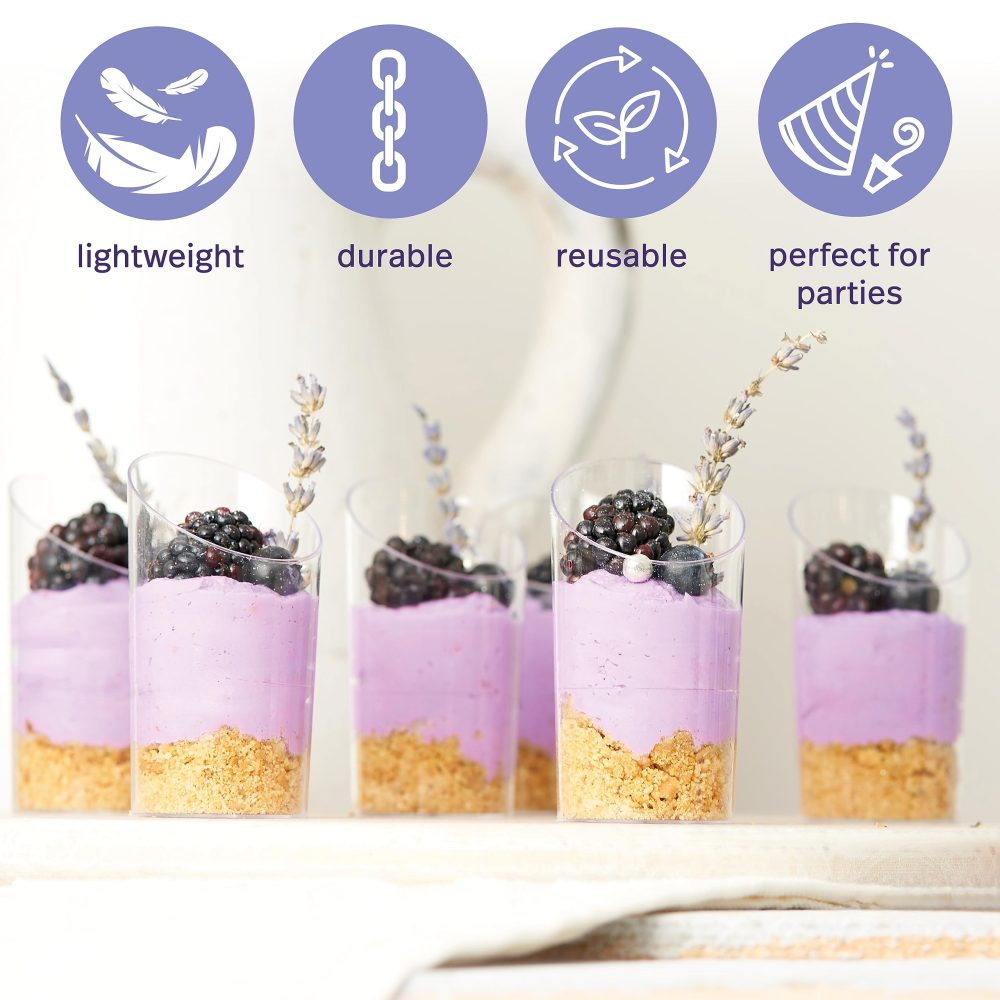 MATANA - 100 Mini Clear Angled Multi-Use Plastic Dessert Party Cups for Cheesecake Parfait Pots Pudding Mousse Bowls - 70ml - Image 7