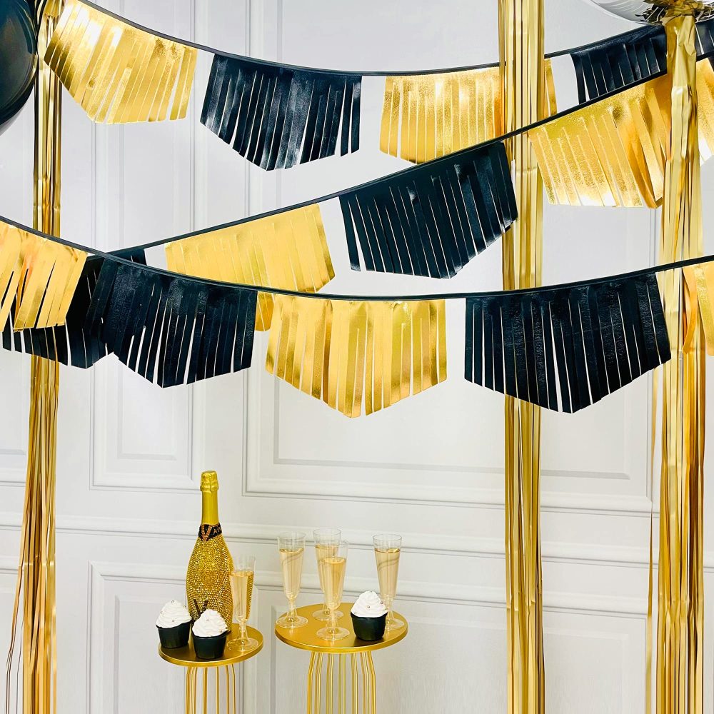 16.93Ft Black Gold Tassel Bunting Double Sided Metallic Fabric Pennant Banner for Birthday Holiday Wedding Baby Shower Anniversary Engagement Bachelorette Graduation Hen Party Theme Party Decorations