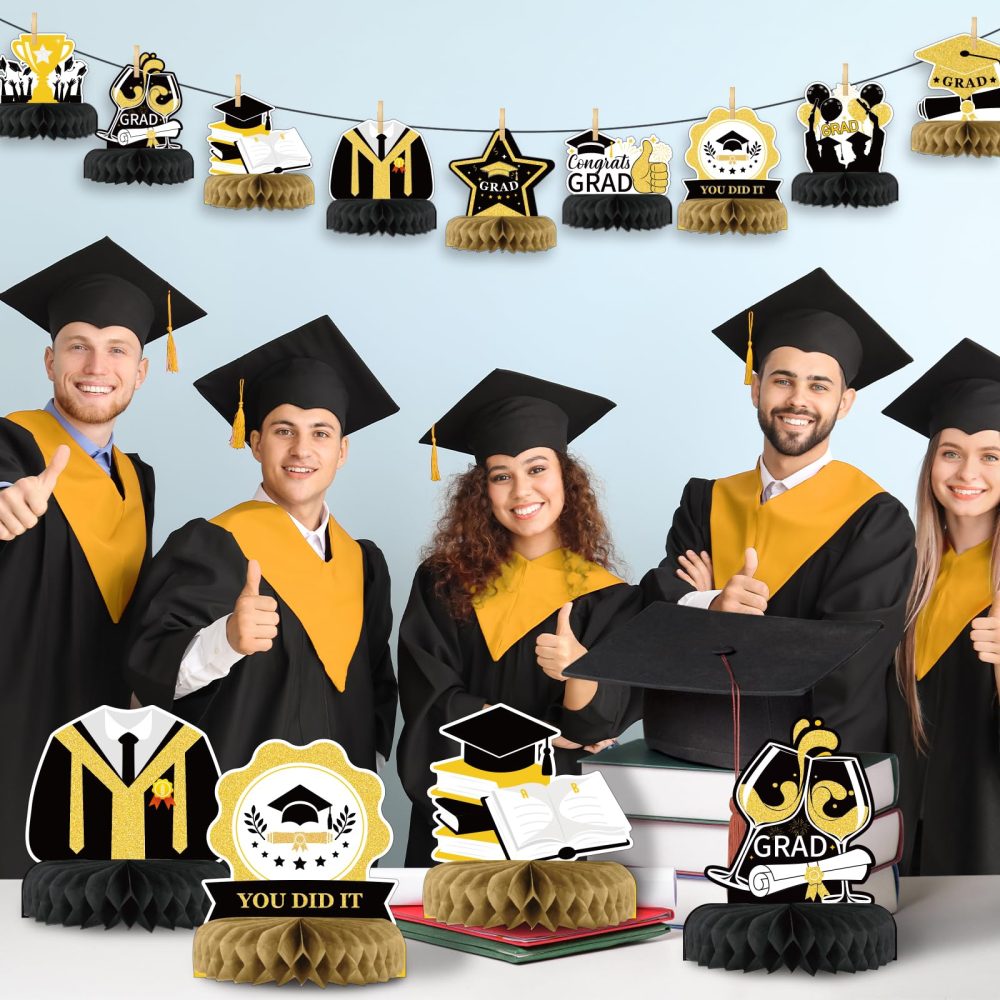 HONMOK 9pcs Graduation Decorations 2024 Graduation Honeycomb Centerpieces Black Gold Table Toppers Congrats Grad Graduation Cap Diploma Ornaments You Did It Gifts for Grad Preschool Party Supplies - Image 4