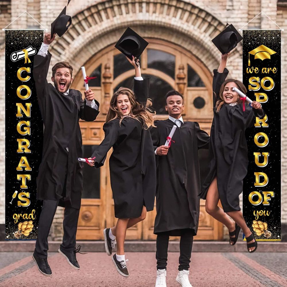 2024 Graduation Door Decorations, Graduation Porch Sign Black Gold, We Are So Proud Of You & Congrats Grad Banner 2 Pcs Graduation Decor for Indoor Outdoor Grad University High School Graduation - Image 4