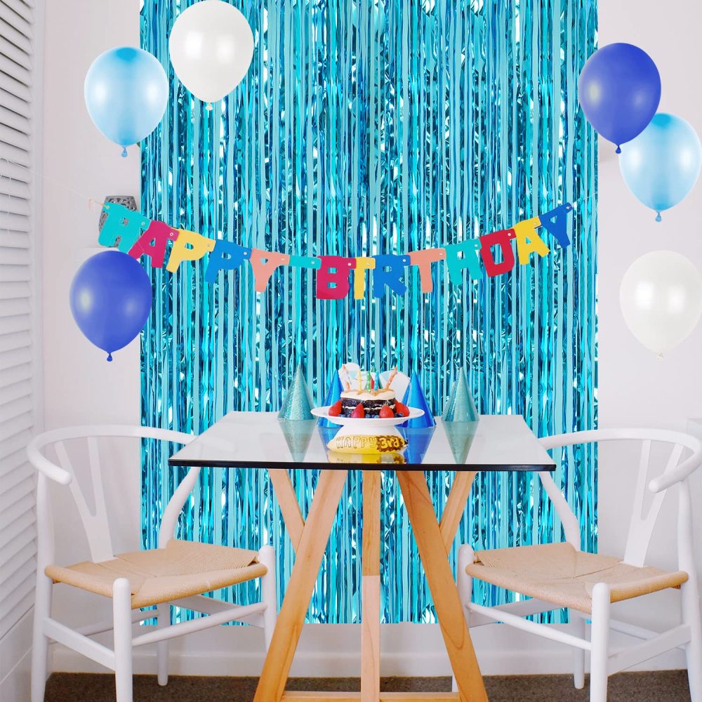 CHRORINE 1pcs 6.5ft Light Blue Metallic Tinsel Foil Fringe Curtain Door Curtains Hanging Streamers for Frozen Mermaid Birthday Baby Shower Mama Mia Bachelorette Blue Party Decorations - Image 2