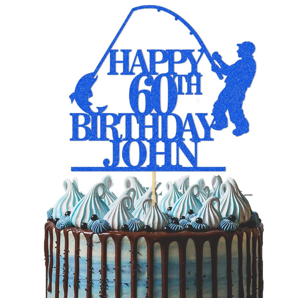 GuteGifts Personalised Fishing Cake Topper | Custom with Any Name Any Age Celebration Fisherman Happy Birthday Party Decoration for Him Men Dad | Fishing Lover 21st 30th 40th 50th 60th (Royal blue)