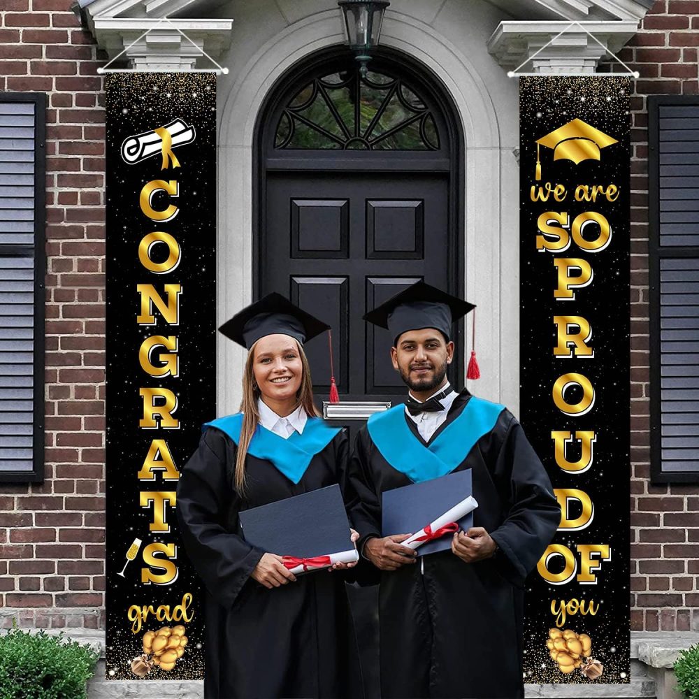 2024 Graduation Door Decorations, Graduation Porch Sign Black Gold, We Are So Proud Of You & Congrats Grad Banner 2 Pcs Graduation Decor for Indoor Outdoor Grad University High School Graduation - Image 6