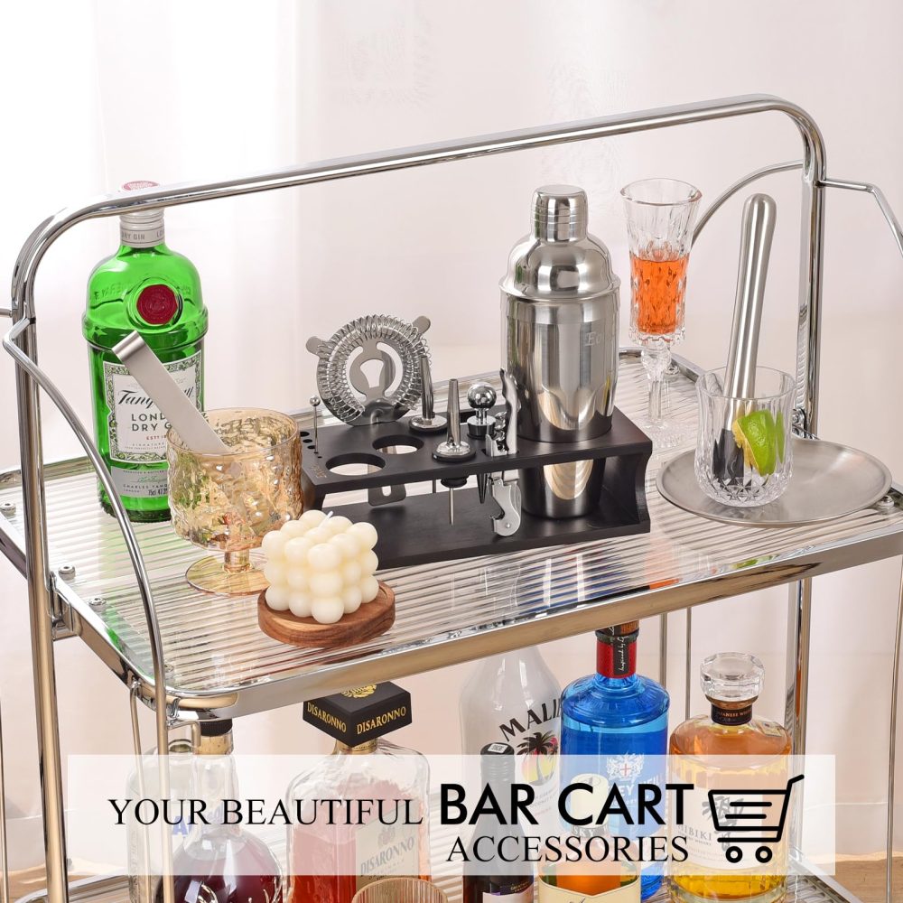 Cocktail Shaker Set Bartender Kit with Stand Bar Tool Bar Set for Drink Mixing Home Bartending Kit Bar Cart Accessories: Martini Shaker Mixer Spoon Jigger Muddler Strainer Gifts (Black Silver - 17) - Image 2