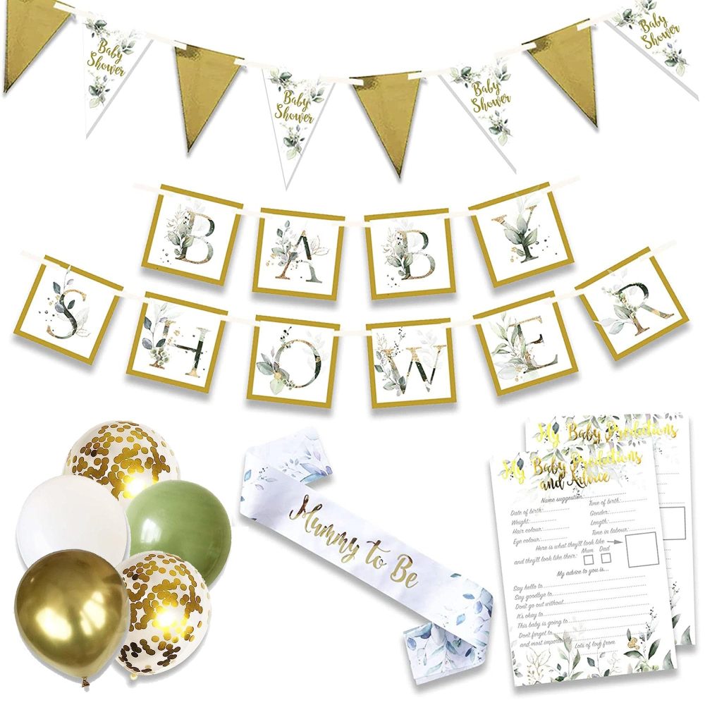 Baby Shower Unisex 24pcs Decoration Bundle Sage Green Gold - Neutral Gender Reveal Banner Garland, Bunting, Confetti, Latex Balloons And Sash For Mum To Be - Botanical Decor For Girls And Boys