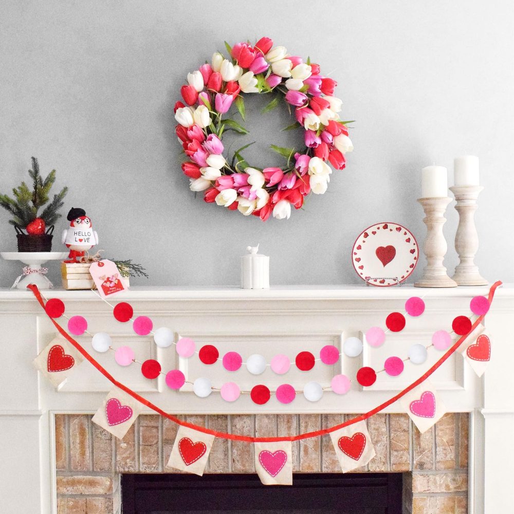 G2PLUS 2PCS Colored Felt Ball Garland, Pom Pom Garland with 60 Balls for Valentine's Day, Rose Pink and White Felt Ball Garlands for Bedroom Valentine's Day Party Decoration - Image 4